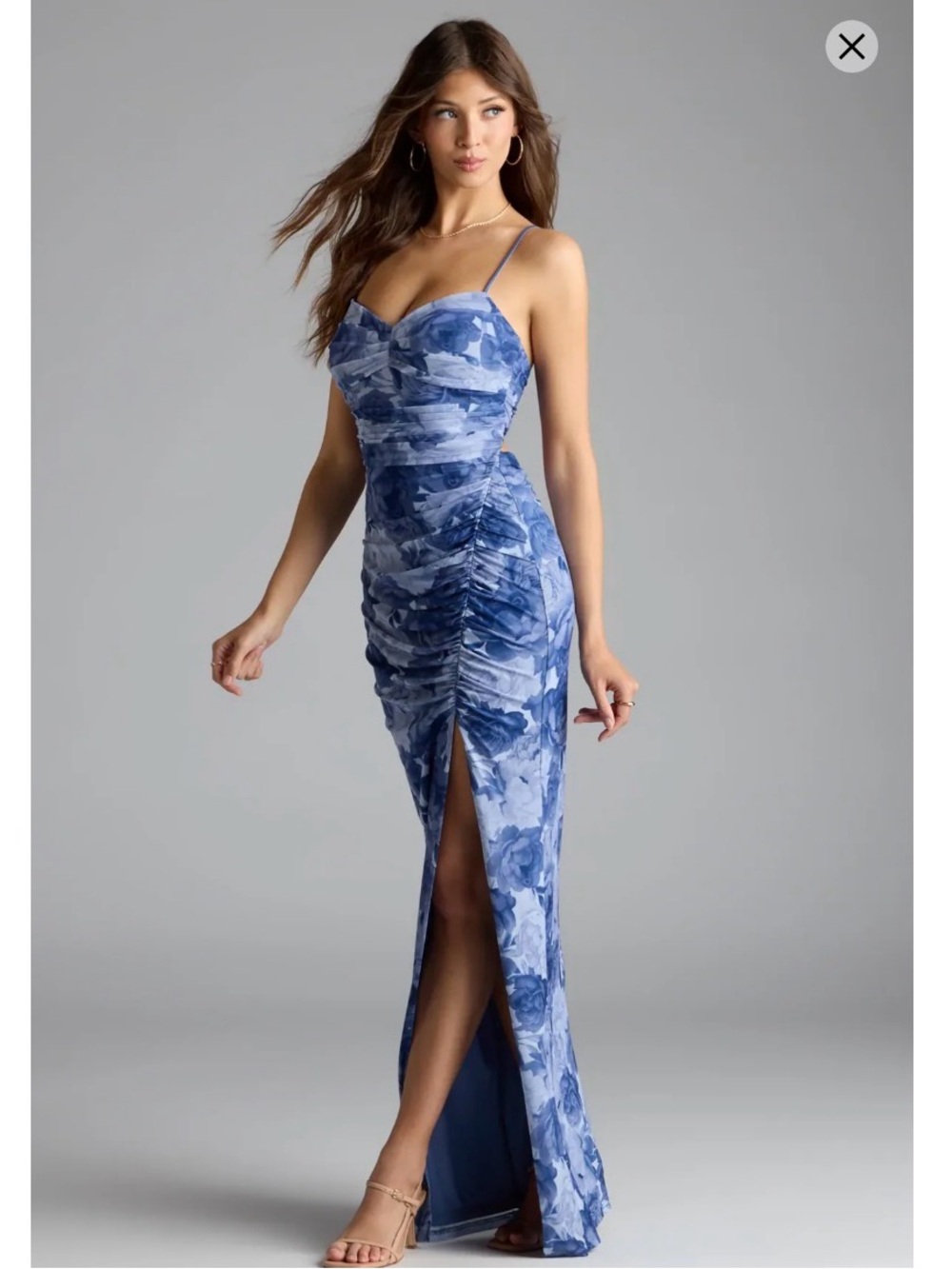 Blue Floral Ruched Spaghetti-Strap Evening Dress
